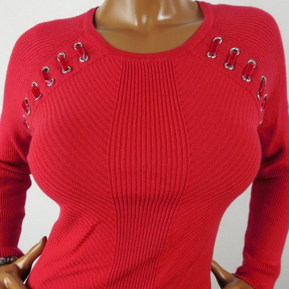 INC Top M Red Ribbed Sweater Velvet Lace Up Rhinestone Grommets Party Shirt - Picture 3 of 9